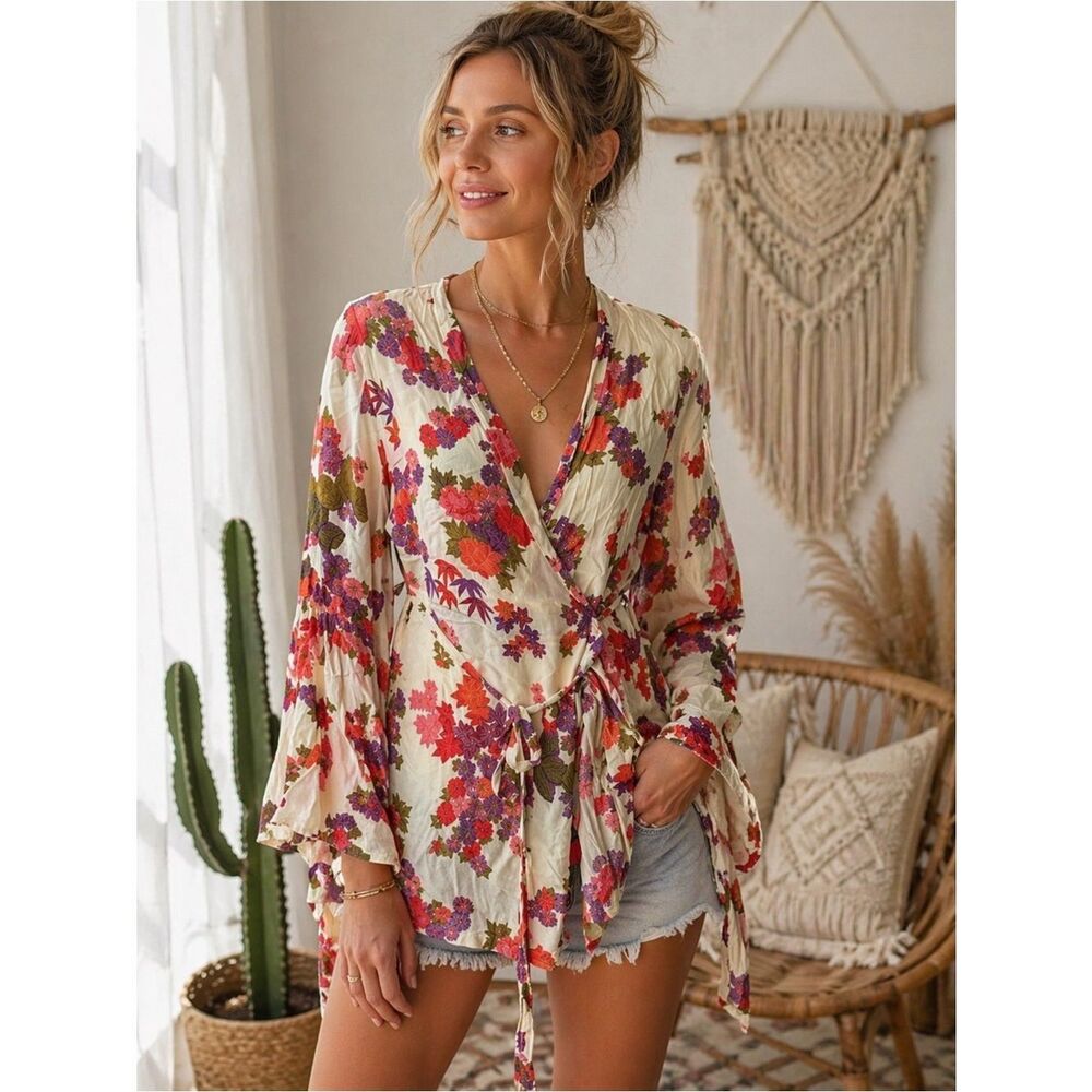 Odylyne Bohemian Floral Print Wrap Kimono Top
